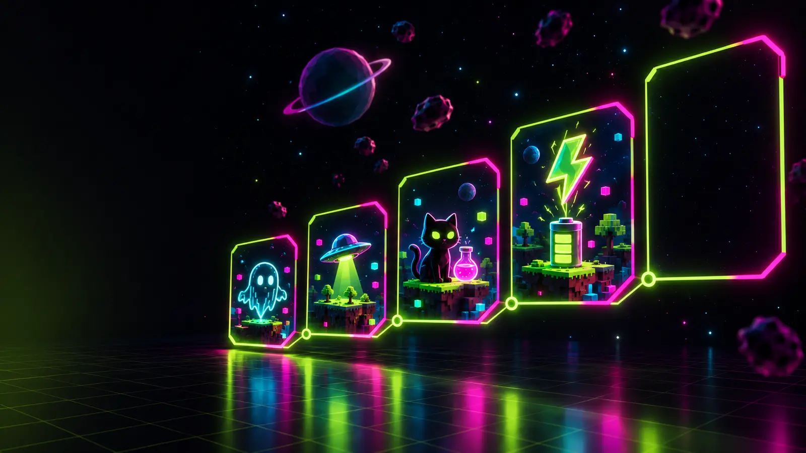 Four neon game screens rise like steps, showing a ghost, a flying saucer, a cat with a potion and a charging battery, beside a fifth screen still dark