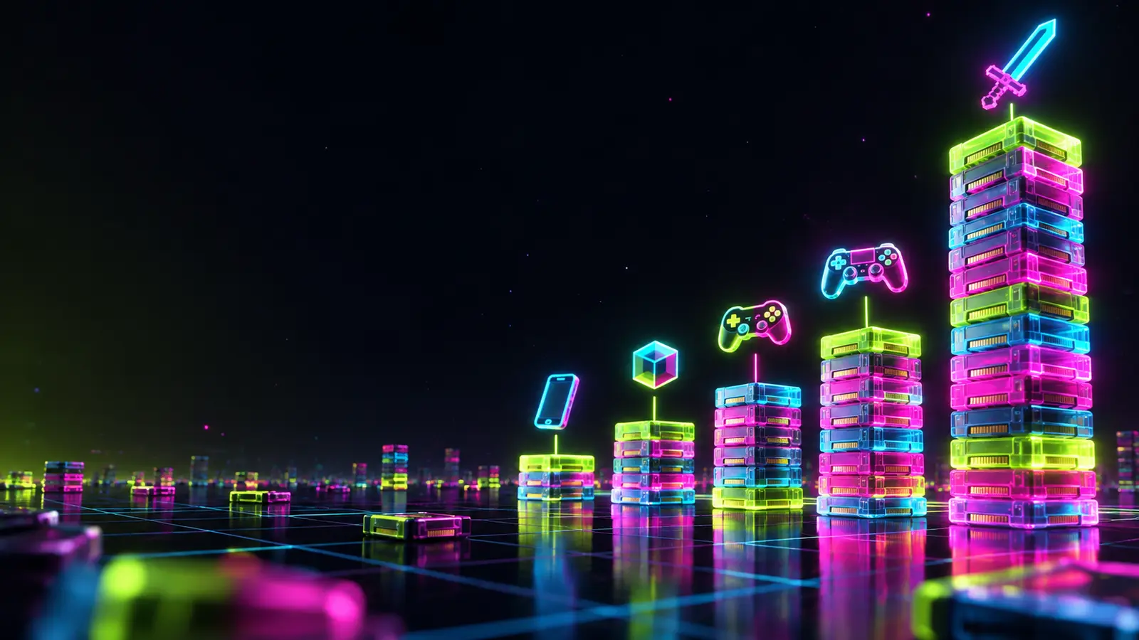 Neon bar chart of stacked game cartridges rising from a grid floor, tallest bar topped by a pixel sword