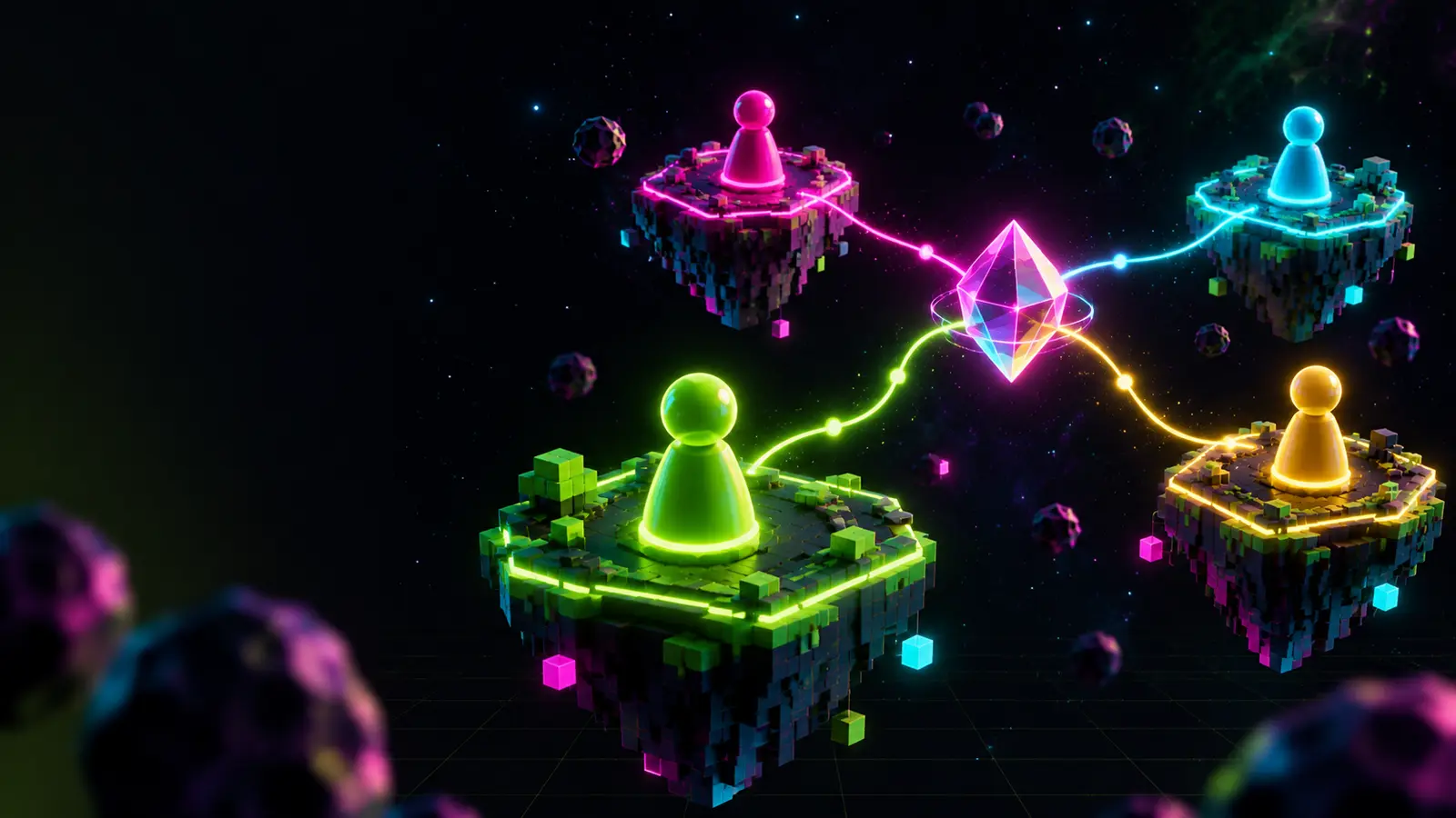 Four glowing game pawns in lime, magenta, cyan and gold stand on floating voxel islands in dark space, each linked by a neon thread to one shared crystal in the middle