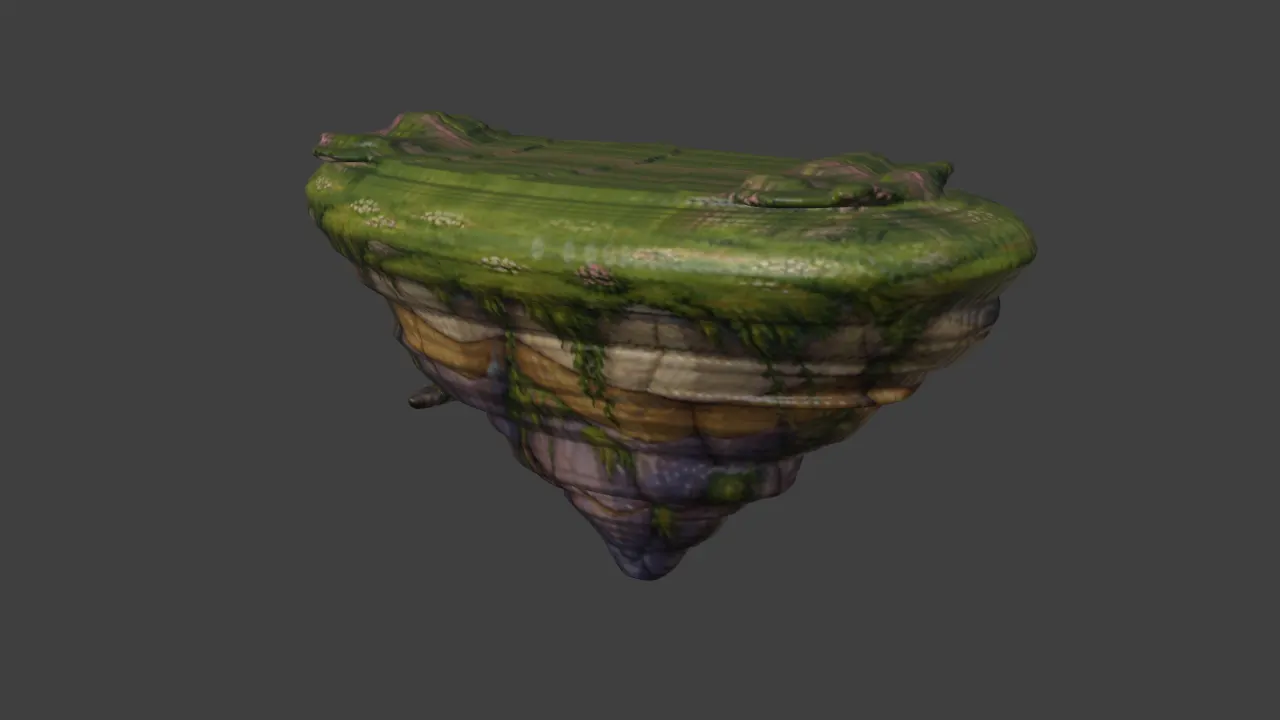 The floating island as a painted mesh in Blender's Workbench renderer, with a grassy top over cream, ochre and violet rock layers