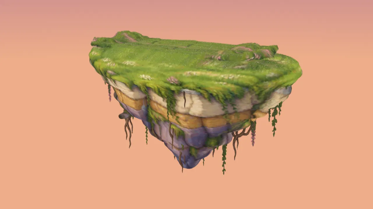 The same island as soft Gaussian splats in EEVEE, with grass splats standing up on its top and vines and roots hanging underneath
