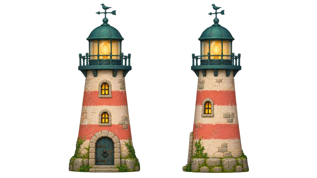 Codex reference sheet of a cream stone lighthouse with coral-red bands, a teal gallery and a glowing lamp, drawn from the front and from the side