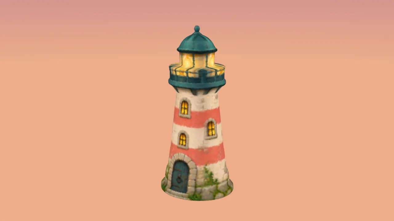 The same lighthouse as Gaussian splats in Blender 5.3, rendered in EEVEE against a dusk sky