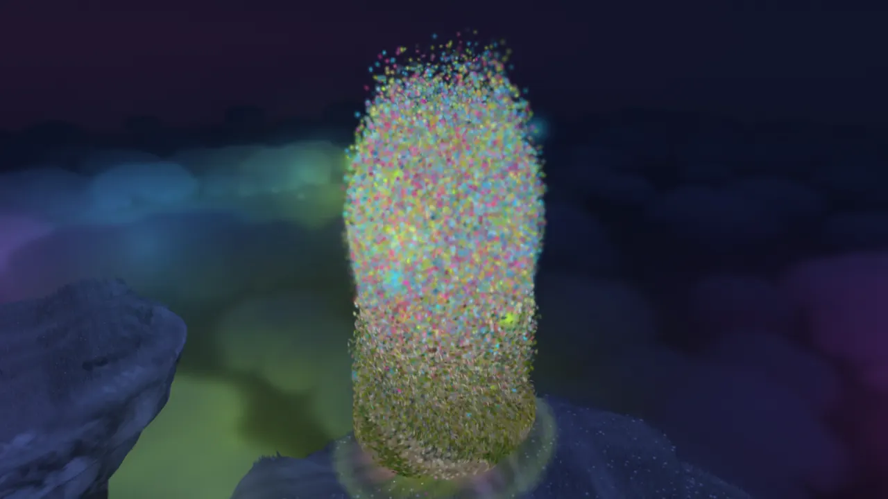 The lighthouse in Dustlight partway through assembling, a tall column of pink, cyan, lime and yellow motes that gets denser near its base, over a dark island and a glowing cloud sea