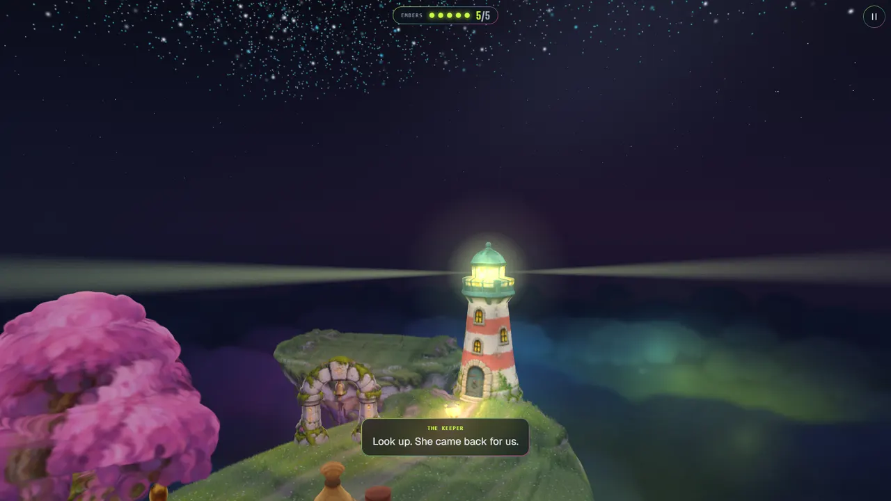 Dustlight's island at night with the lighthouse lamp lit and its beam sweeping out over a glowing cloud sea, next to the mossy shrine arch and the pink blossom tree, with the keeper's subtitle at the bottom