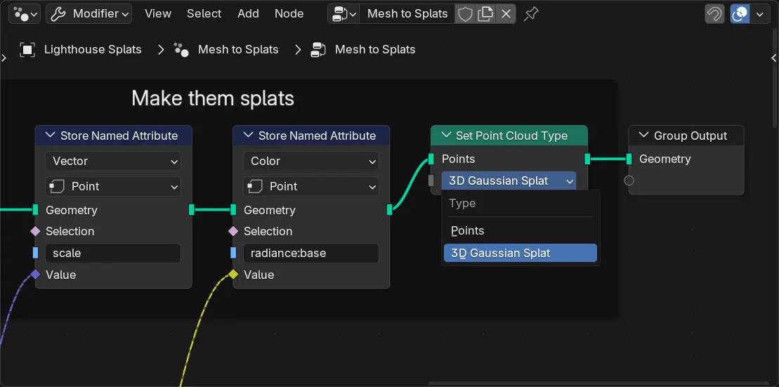Close-up of the last nodes in Blender 5.3, with Store Named Attribute set to Vector for scale and to Color for radiance:base, then Set Point Cloud Type with its menu open on 3D Gaussian Splat