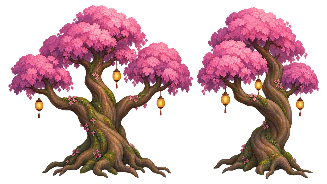 Codex reference sheet of a twisted old tree with a pink blossom canopy and small glowing paper lanterns, drawn from the front and from the side