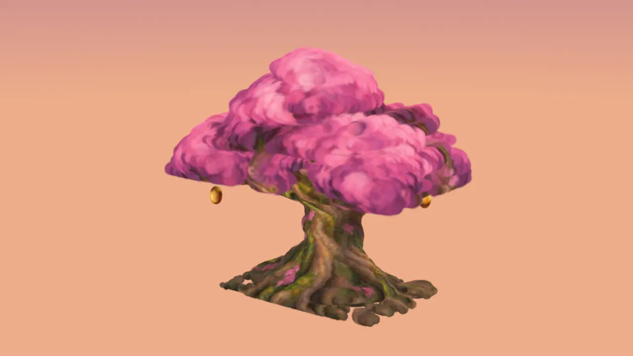 The blossom tree as Gaussian splats in EEVEE, with a soft, puffy pink canopy over a twisted trunk and spreading roots