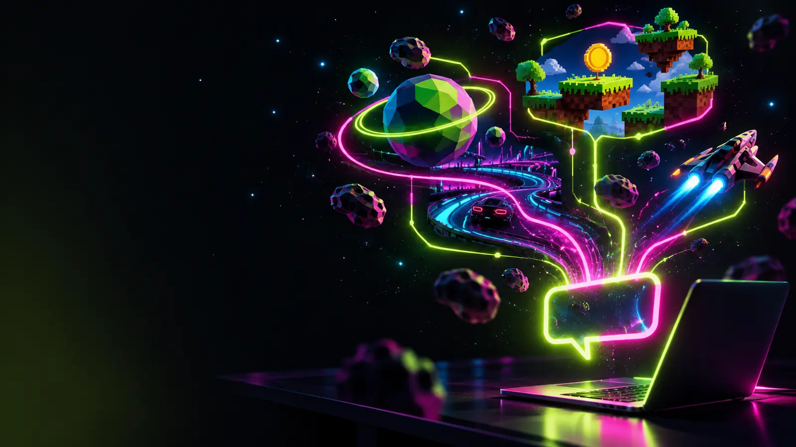 A glowing chat bubble above a laptop pours light upward into a tiny game universe of planets, a race track, pixel platforms and a starship