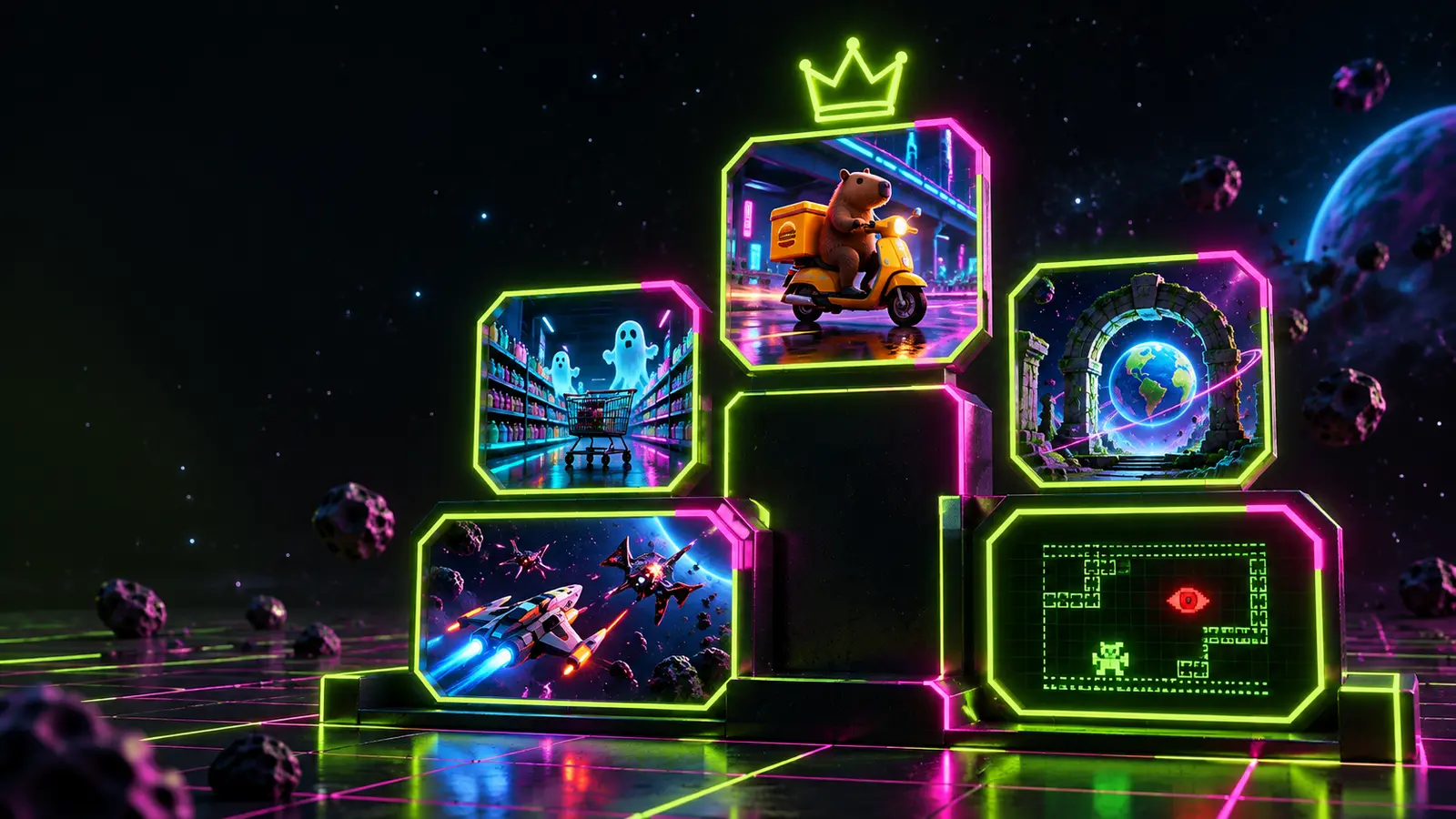 Five glowing arcade frames on a podium. A capybara on a delivery scooter is crowned in the middle, beside a haunted grocery aisle, a globe in a stone arch, a starfighter dogfight and a green ASCII terminal