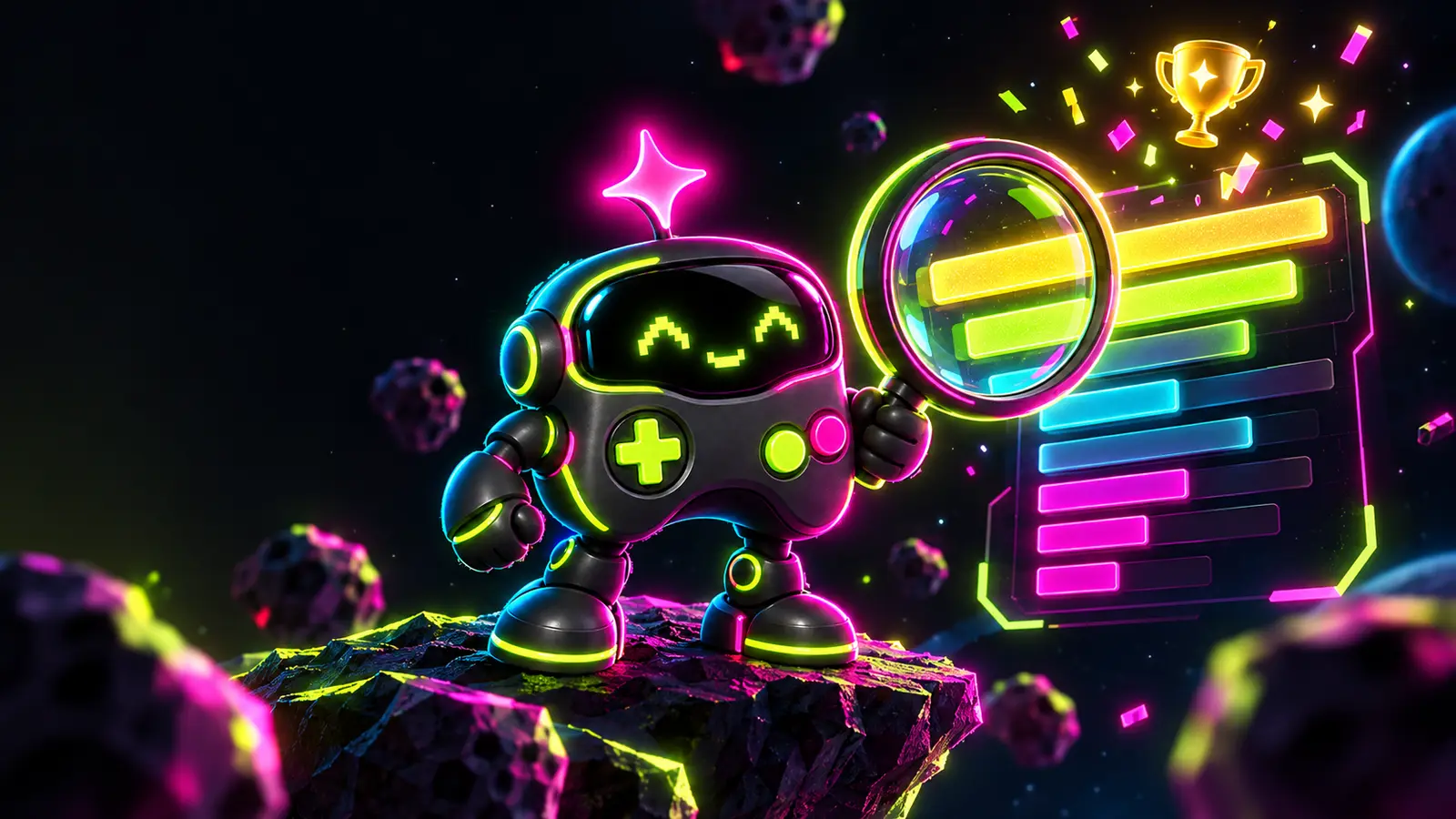 Player Two, a graphite game-controller robot, holds a magnifying glass over a floating neon leaderboard whose top bars glow gold under a small trophy