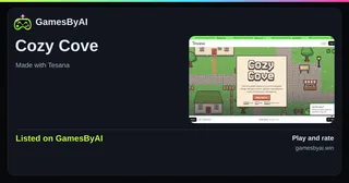Share card for Cozy Cove: listed on GamesByAI.